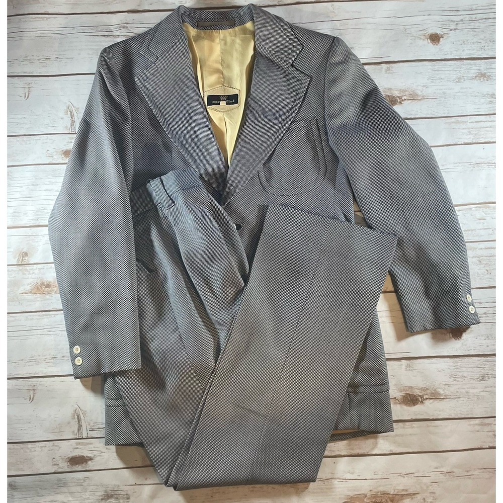 Vintage Cortefiel Men's Suit 38/32 Made in Spain Navy Micro Check‎ Late 1970s